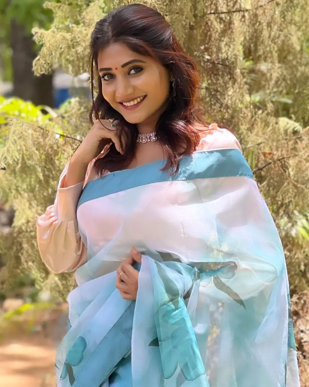 Vasanthi Krishnan Wearing Blue Saree Pink Blouse